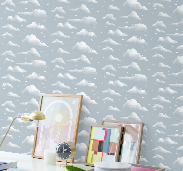 Tapeta vintage Szare chmury i ptaki z lat 80-tych - TenStickers