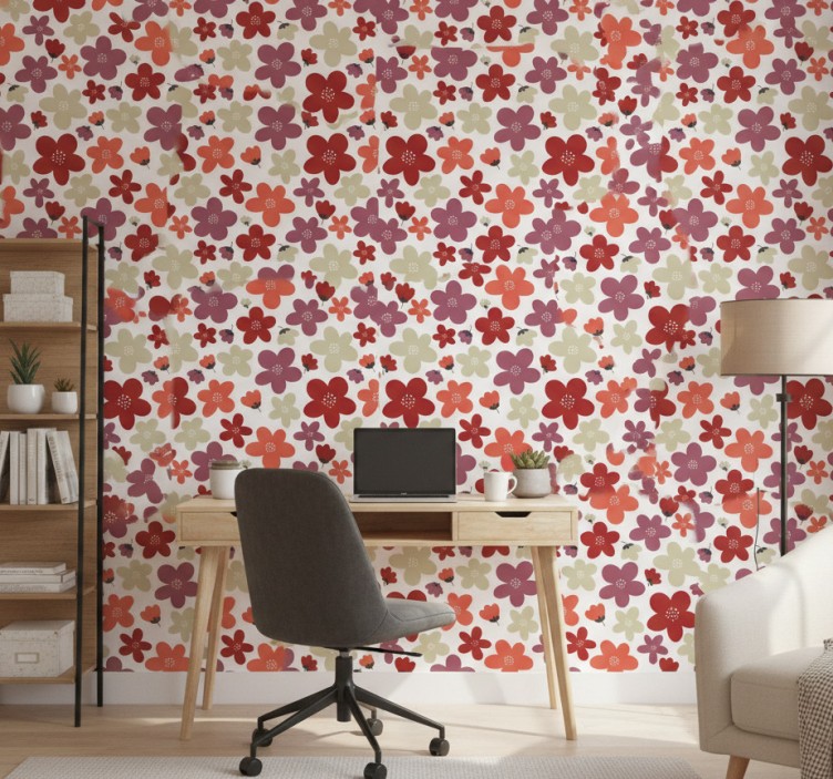 Tapeta do biura czerwony abstrakcyjny wzór kwiatów - TenStickers