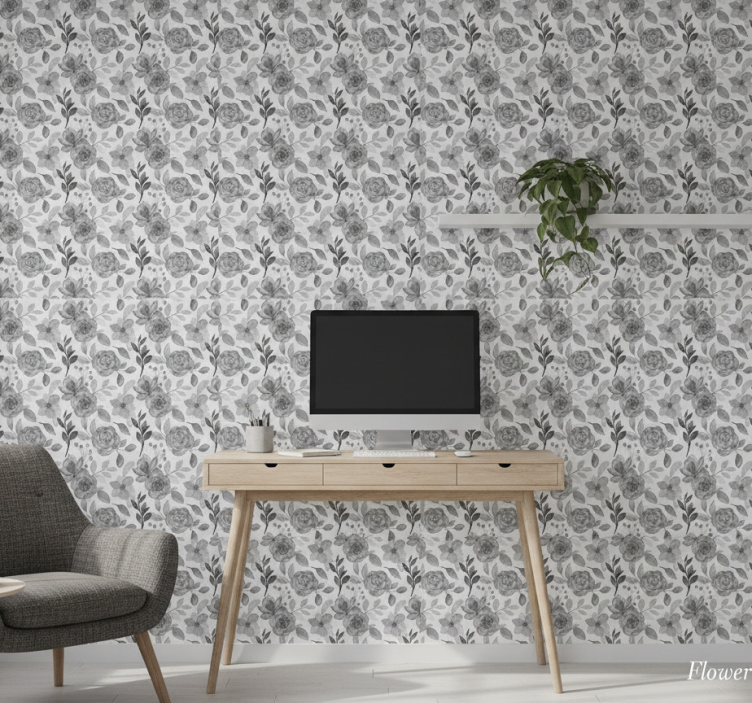 Tapeta do biura kwiaty na szarym tle - TenStickers
