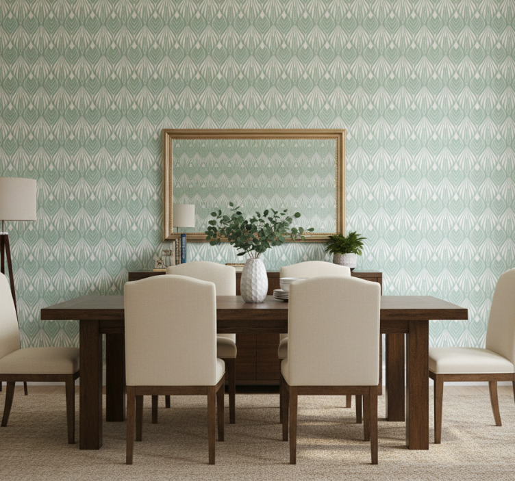 Tapeta do jadalni z zielonymi stylizowanymi liśćmi - TenStickers