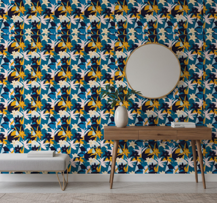 Tapeta do korytarza białe lilie na niebieskim tle - TenStickers