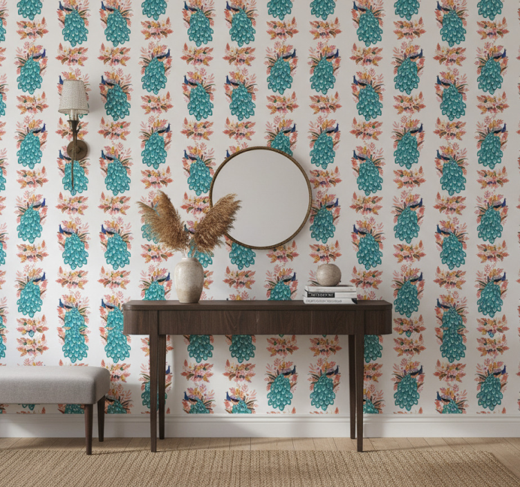 Tapeta do korytarza pawie wśród kwiatów - TenStickers