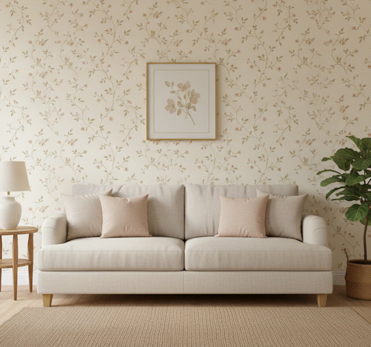 Tapeta do salonu biała z kwiatami - TenStickers