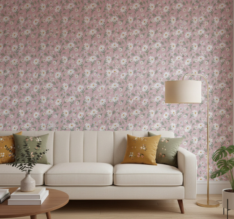 Tapeta do salonu kwiaty stokrotki w różu z lat 70. - TenStickers