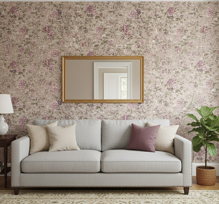 Tapeta do salonu kwiaty w stylu vintage fioletowe - TenStickers