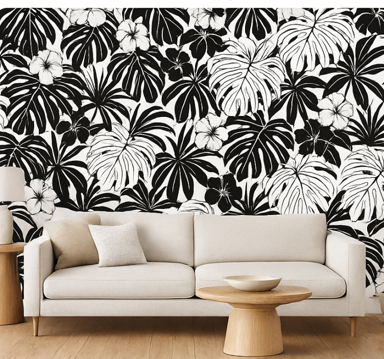 Tapeta do salonu liście palm w czerni i bieli - TenStickers