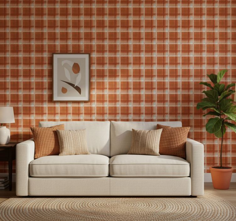 Tapeta do salonu w ciepły wzór w kratę - TenStickers