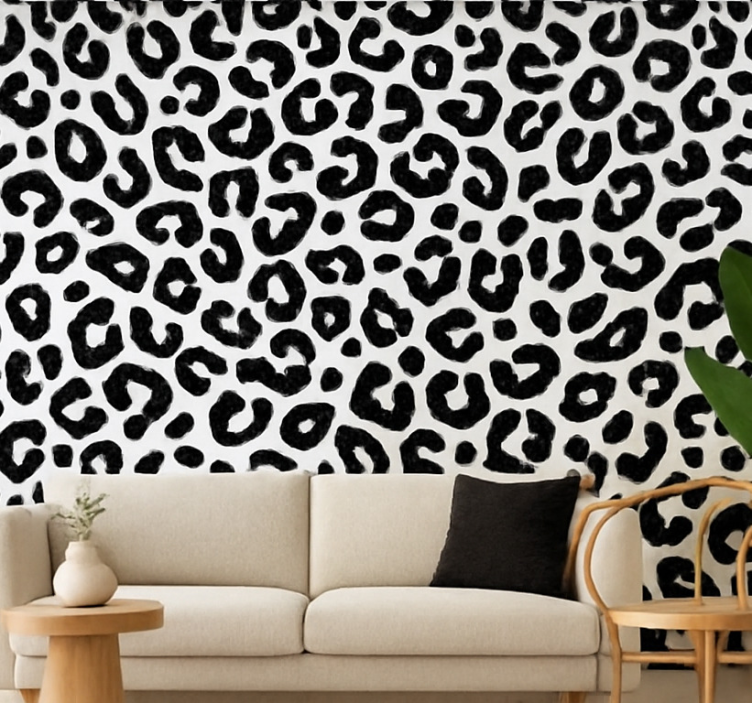 Tapeta do salonu w czarno-białe cętki lamparta - TenStickers