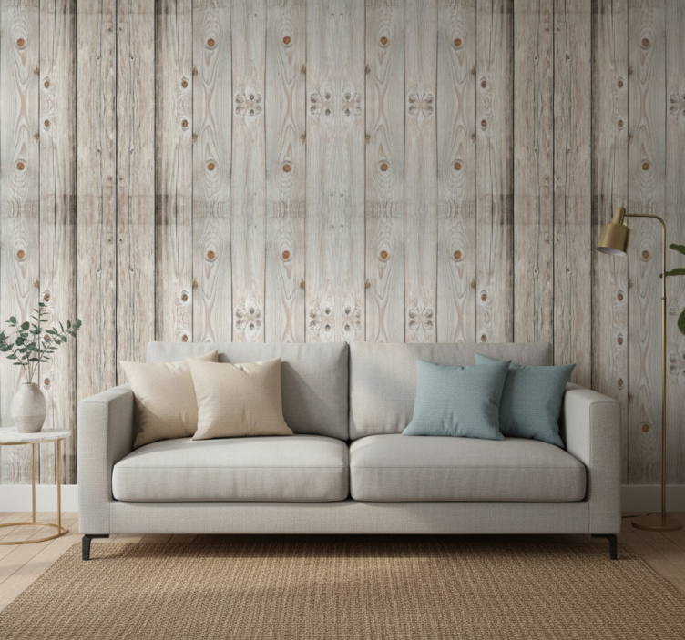 Tapeta do salonu w efekt białego sosnowego drewna - TenStickers