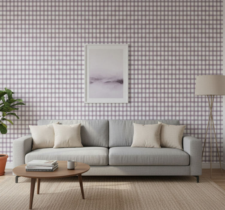 Tapeta do salonu w lilakową kratkę - TenStickers