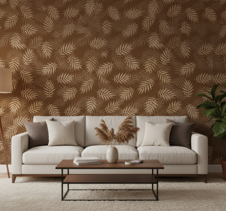 Tapeta do salonu w naturalny wzór liści - TenStickers