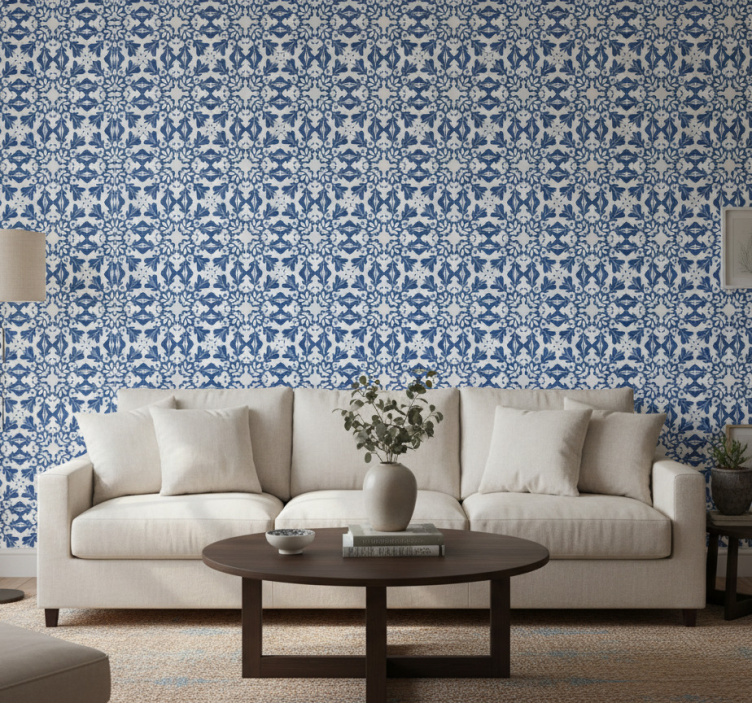 Tapeta do salonu w niebieski vintage wzór - TenStickers