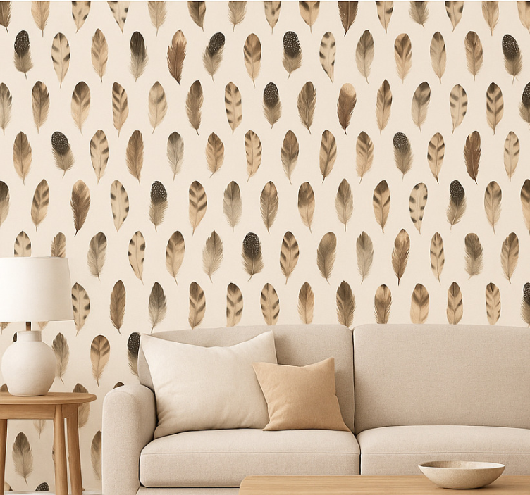 Tapeta do salonu w organiczny wzór piór - TenStickers