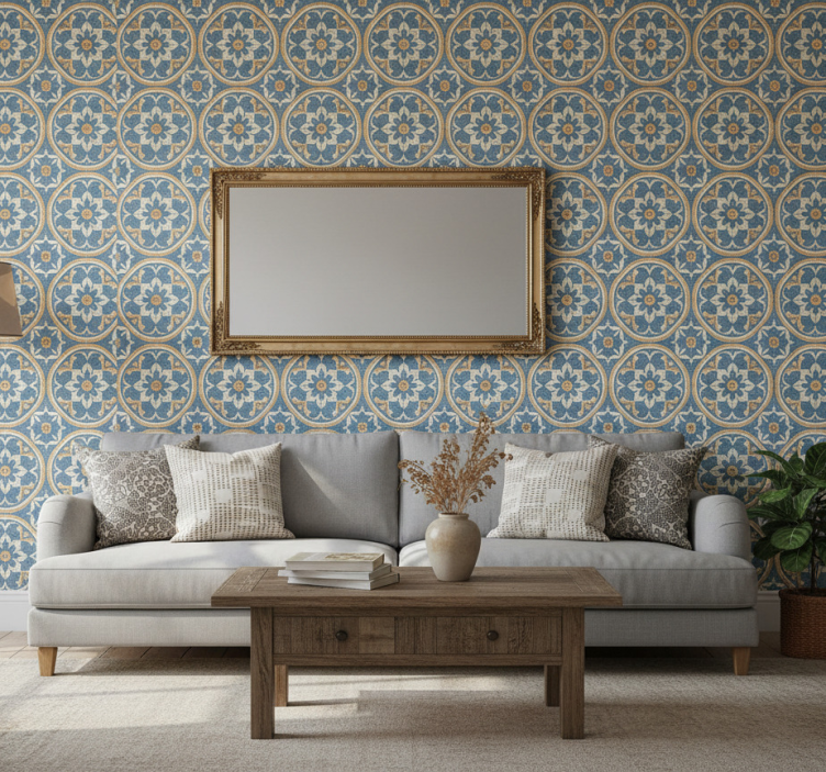 Tapeta do salonu w stylu azulejo - TenStickers