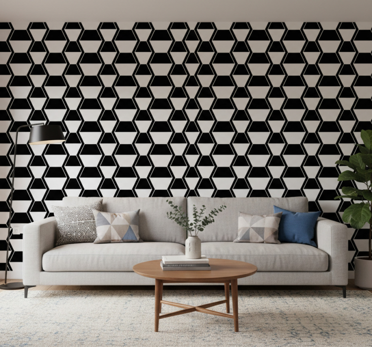 Tapeta do salonu w stylu cosmopolitan czarno-biała heksagony - TenStickers