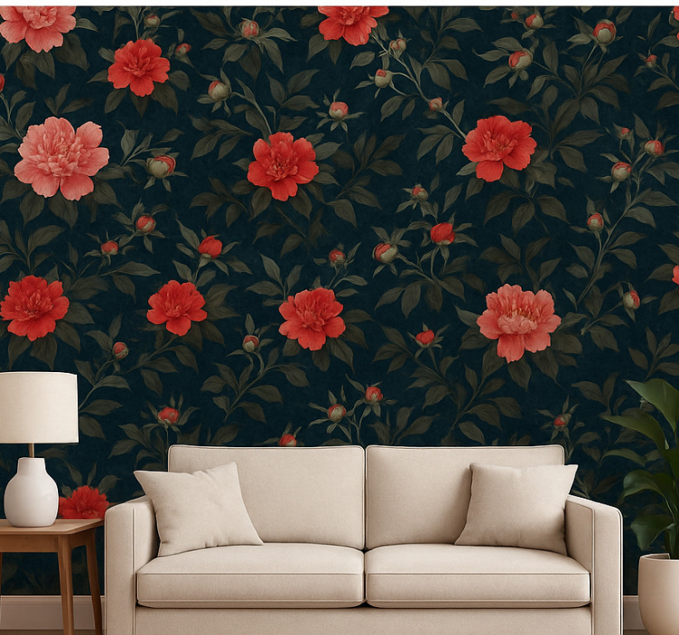 Tapeta do salonu w stylu vintage z ciemnymi roślinami - TenStickers