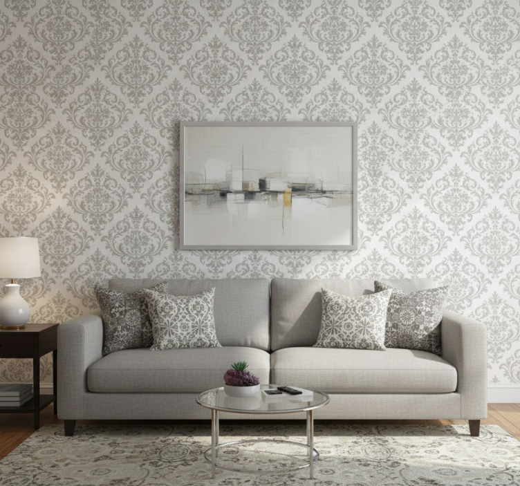 Tapeta do salonu w szarym wzorze barokowym - TenStickers