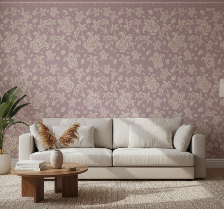 Tapeta do salonu wzór z hawajską żółwiem i palmami - TenStickers