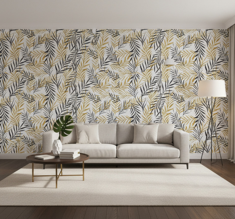 Tapeta do salonu z eleganckim wzorem liści jungle - TenStickers