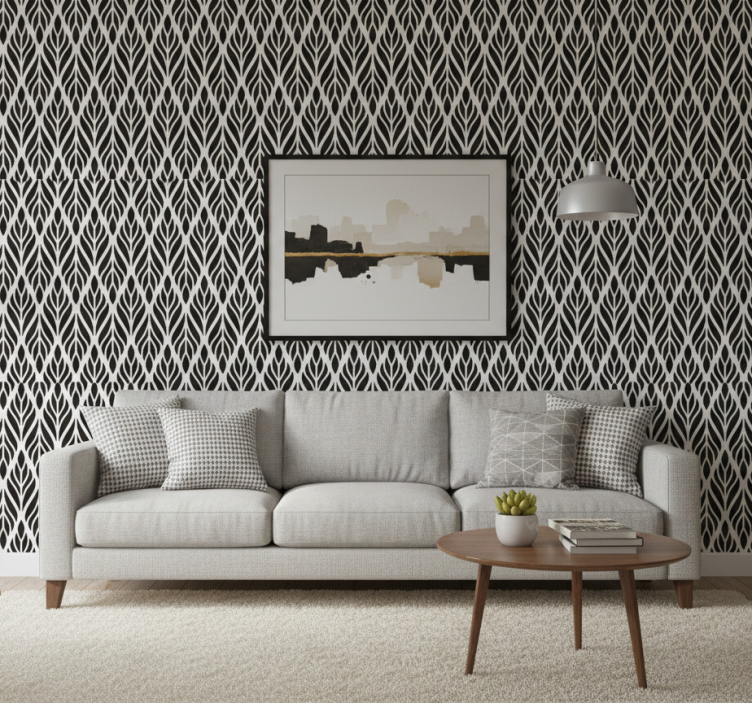 Tapeta do salonu z eleganckimi czarnymi liśćmi - TenStickers