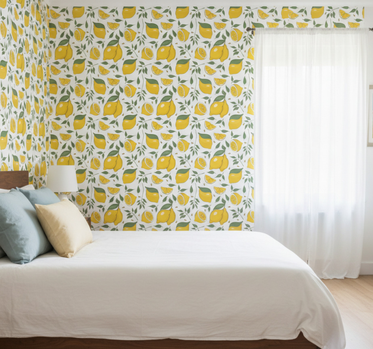Tapeta do sypialni cytryny i kremowe kwiaty - TenStickers