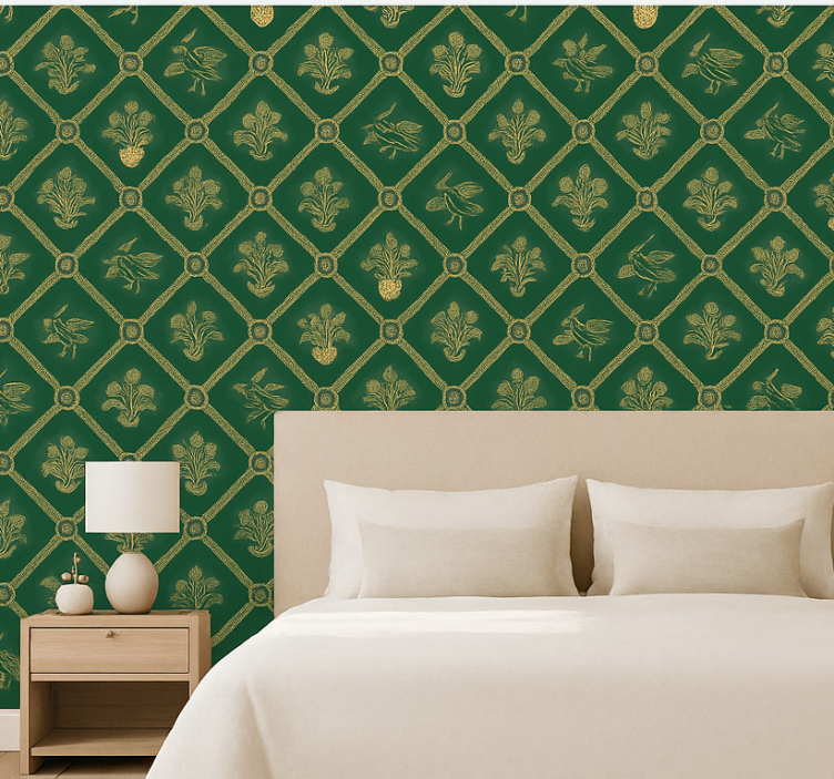 Tapeta do sypialni elegancki zielono-złoty wzór - TenStickers