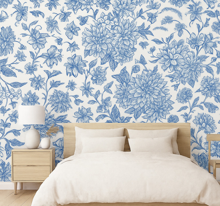Tapeta do sypialni niebieska dahlia kwiatowa - TenStickers