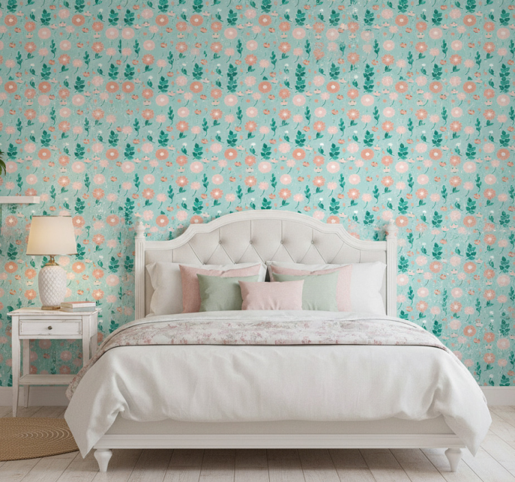 Tapeta do sypialni niebieski kwiatowy shabby chic - TenStickers