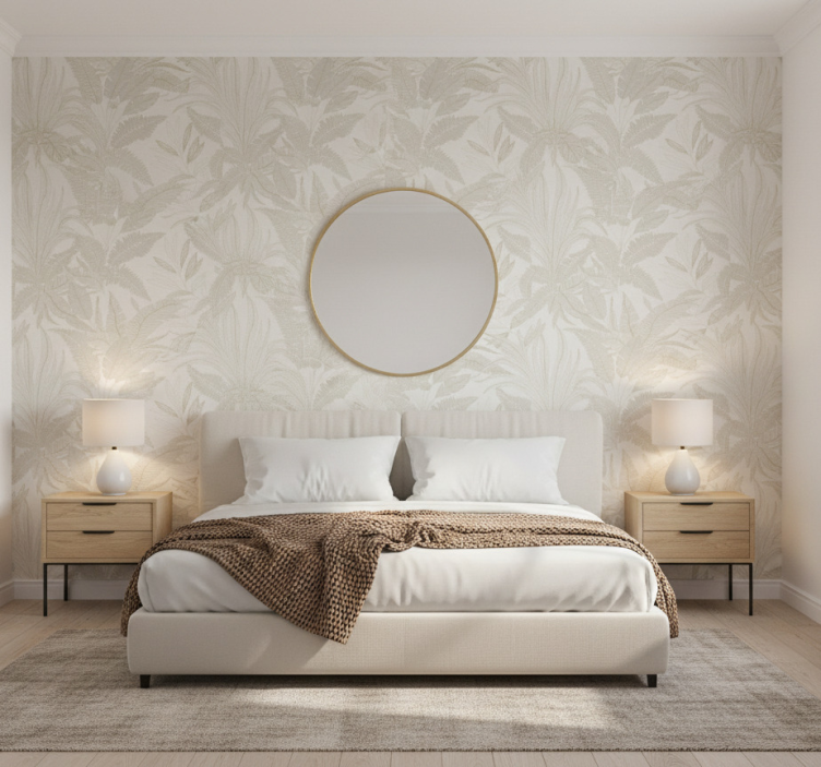 Tapeta do sypialni w beżowy botaniczny wzór - TenStickers