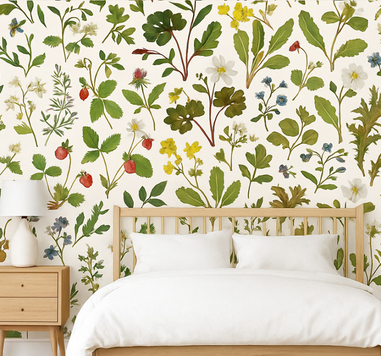 Tapeta do sypialni w botaniczny wzór na białym tle - TenStickers