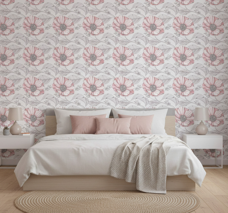 Tapeta do sypialni w elegancki różowy wzór magnolii - TenStickers