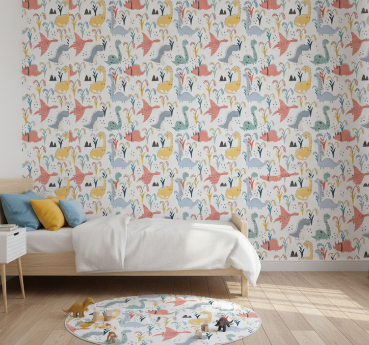 Tapeta do sypialni w kolorowe dinozaury i drzewa - TenStickers