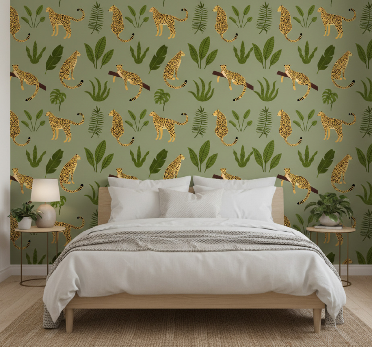 Tapeta do sypialni w leoparda z motywem kwiatowym - TenStickers