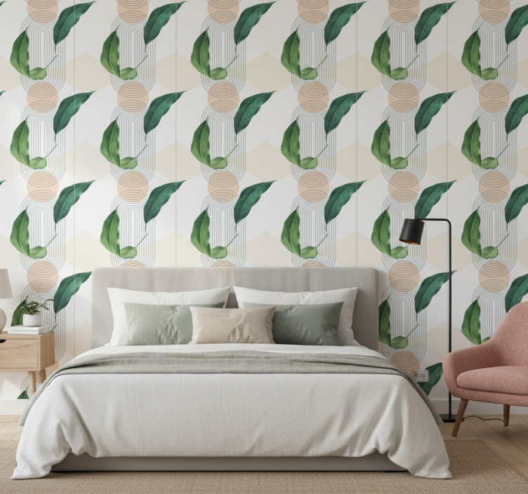 Tapeta do sypialni w liściasty wzór geometryczny - TenStickers
