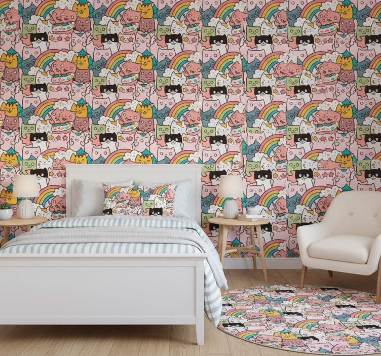 Tapeta do sypialni w pastelowe koty doodle - TenStickers