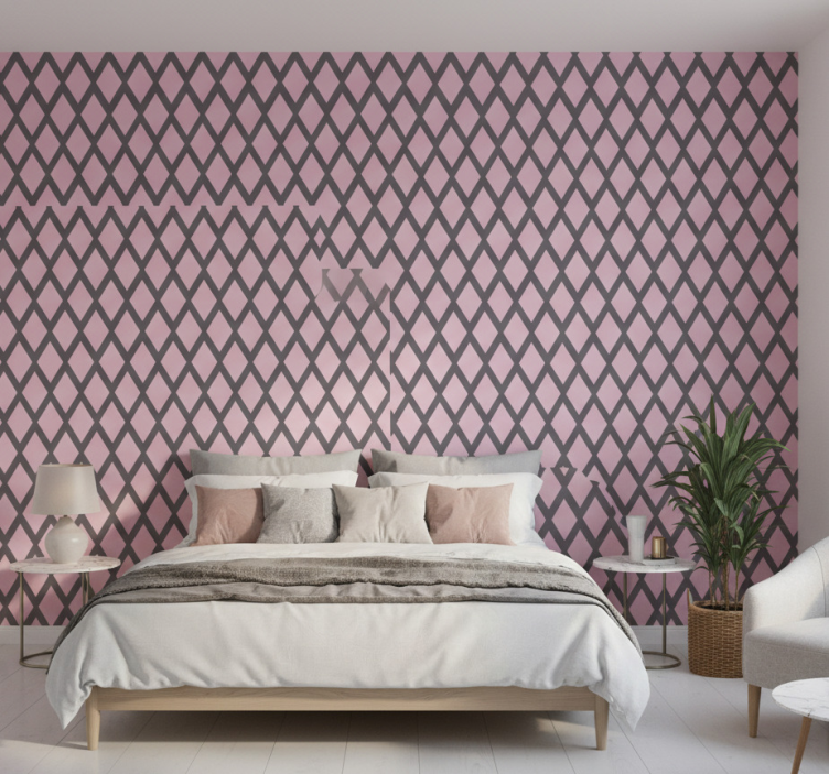 Tapeta do sypialni w różowe i szare romby - TenStickers