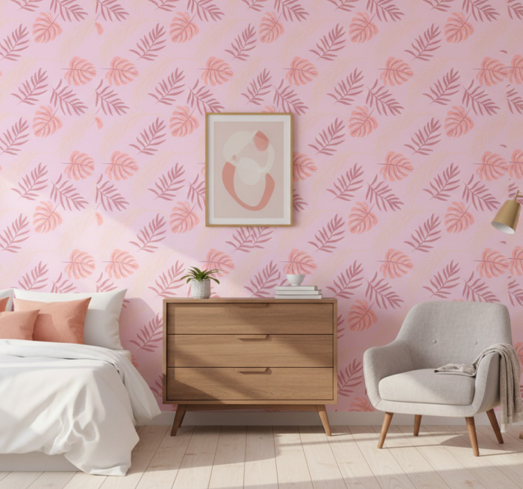 Tapeta do sypialni w różowe tropikalne liście - TenStickers