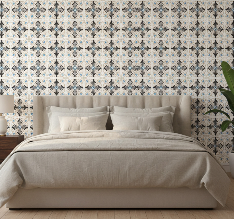 Tapeta do sypialni w stylu retro z roślinnymi wzorami - TenStickers