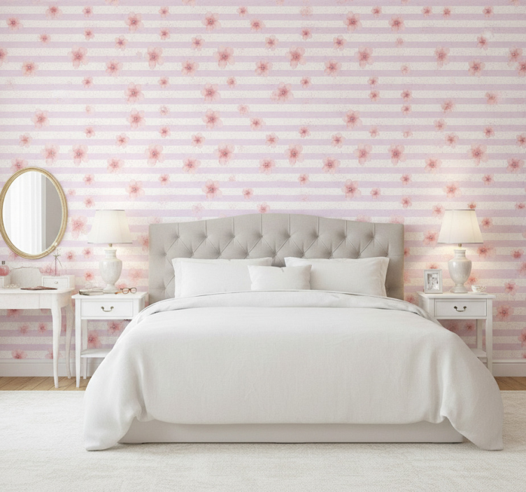 Tapeta do sypialni w stylu shabby chic w różowe paski - TenStickers