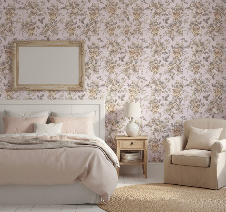 Tapeta do sypialni w stylu shabby chic z różami - TenStickers