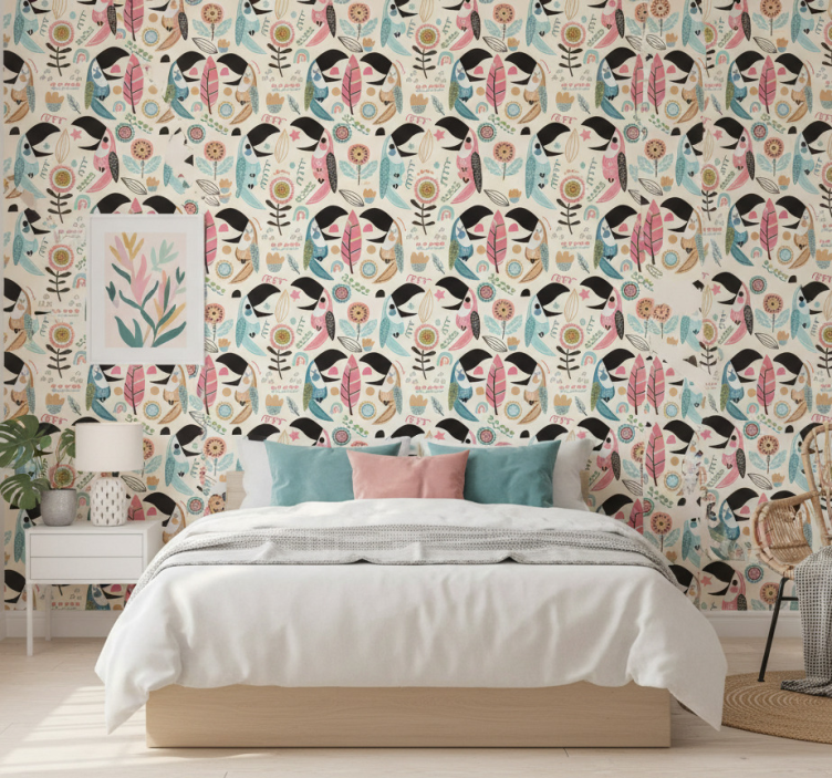 Tapeta do sypialni w tropikalny wzór z tukankiem - TenStickers