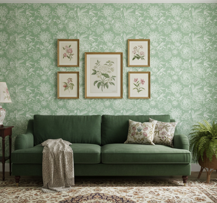 Tapeta do sypialni w zielone kwiaty w stylu grandmillenial - TenStickers