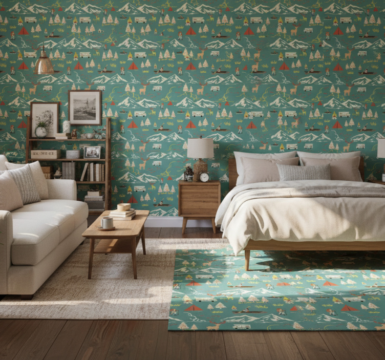 Tapeta do sypialni z campingowcem, drzewami i szlakiem - TenStickers