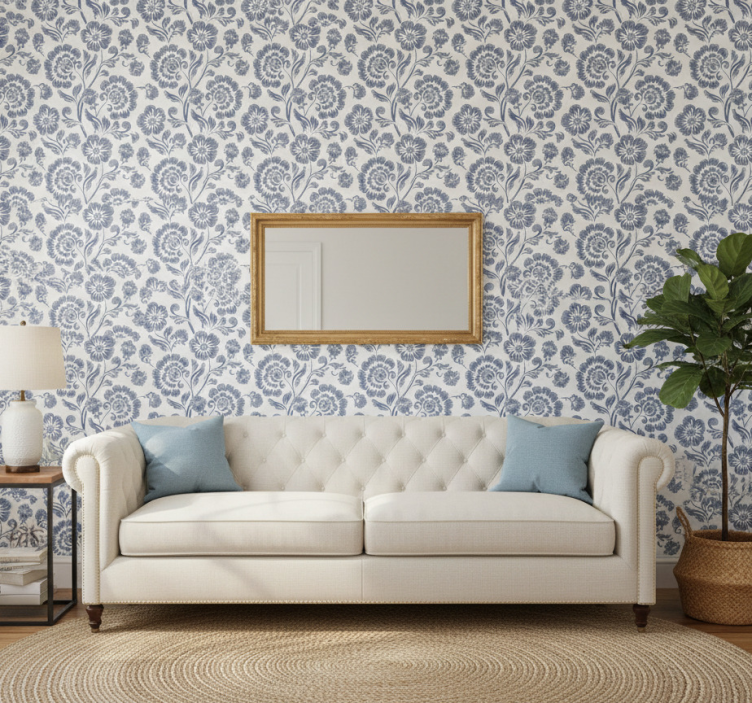 Tapeta klasyczna niebieskie kwiaty na białym tle - TenStickers