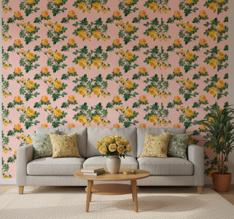 Tapeta klasyczna róże w kolorze żółtym i zielone liście - TenStickers