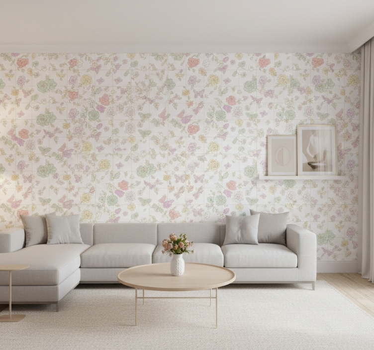 Tapeta kwiaty motyl w delikatnych kolorach - TenStickers