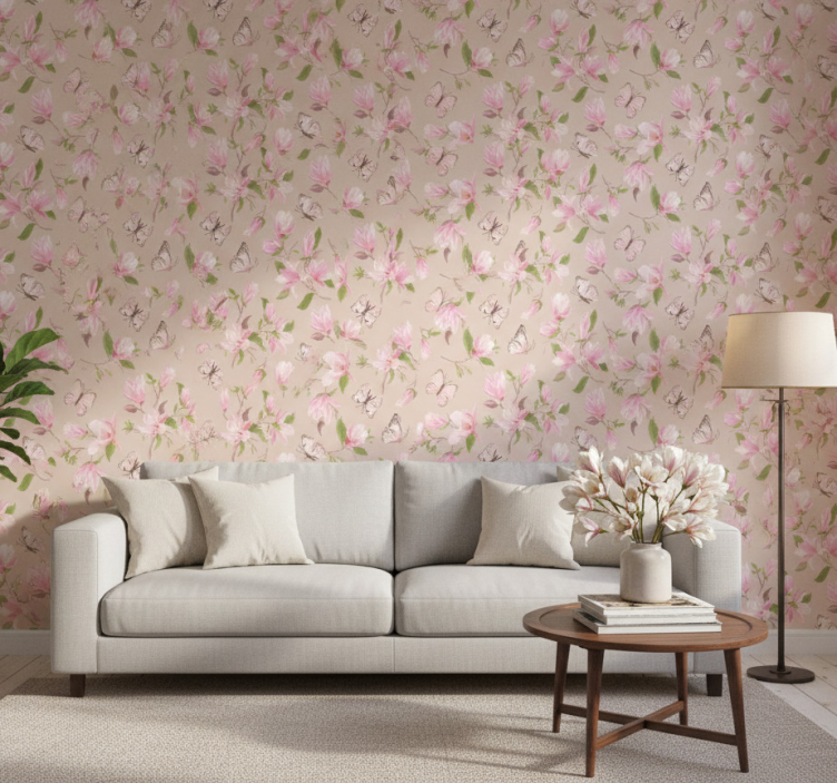 Tapeta kwiaty różowa magnolia i motylki - TenStickers