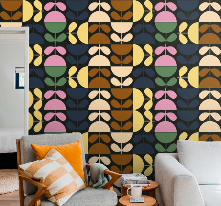 Tapeta kwiaty stylizowane wzory liści - TenStickers