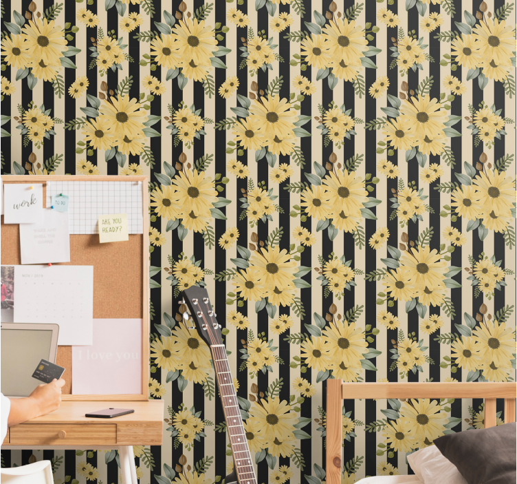 Tapeta kwiaty wzór słonecznika w paski - TenStickers