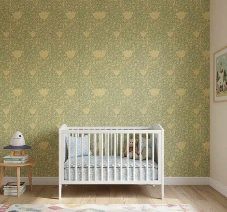 Tapeta natura w subtelnym złoto-zielonym wzorze kwiatowym - TenStickers